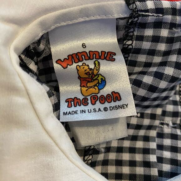 Vintage Winnie The Pooh Dress 2T Black White Gingham Pinafore USA Made Lace - Picture 6 of 16